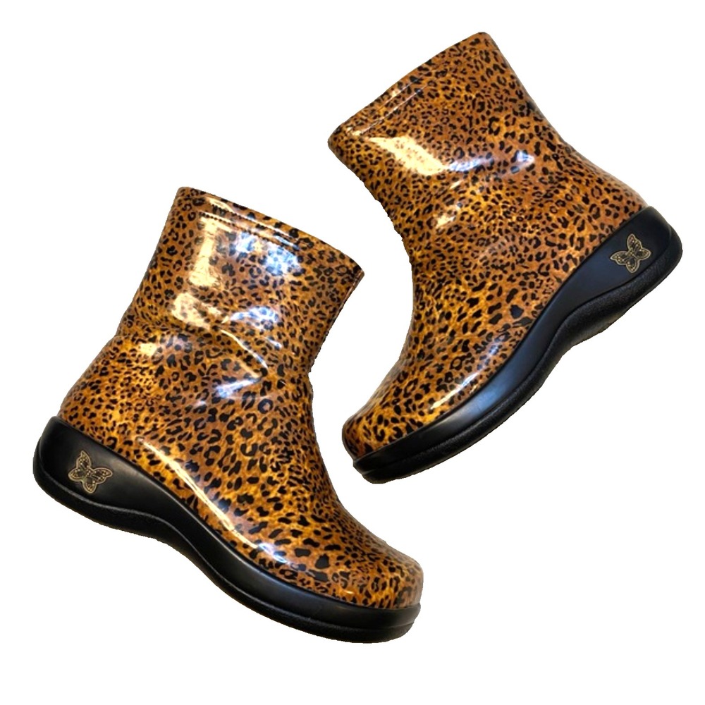 ALEGRIA Raina Rain Boots LEOPARD PRINT Side Zipper SLIP RESISTANT Sole 38/8-8.5 - Picture 2 of 9
